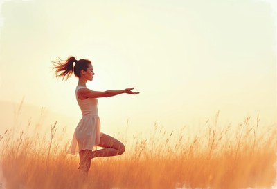 Woman practicing yoga in a golden field at sunset
