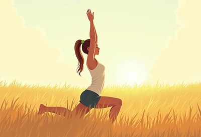 Woman practicing yoga in a sunlit grassy field