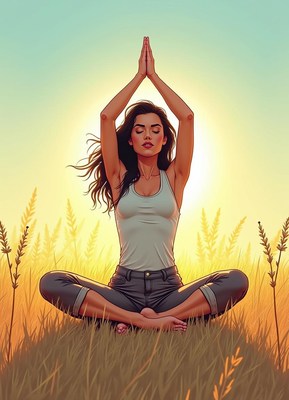 Woman practicing yoga in a serene field at sunset
