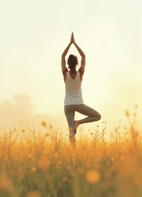 Woman practicing yoga at sunset in a golden field