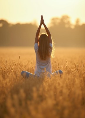 Woman practicing yoga at sunset in a golden field