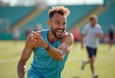Smiling athlete enjoys training session on sunny field