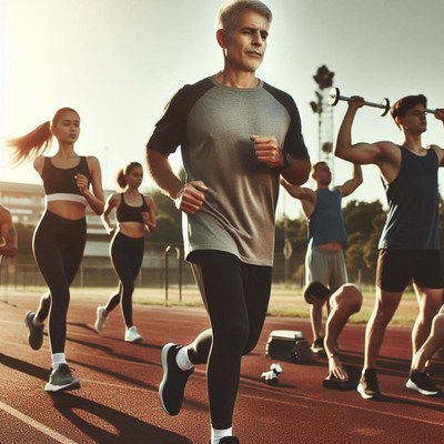 Group of people exercising on a track in the evening