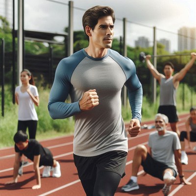 Man running on track with others exercising nearby