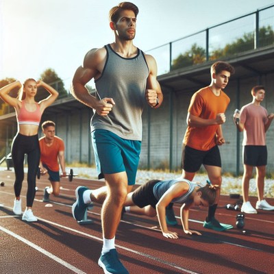 Group of athletes training together on a track