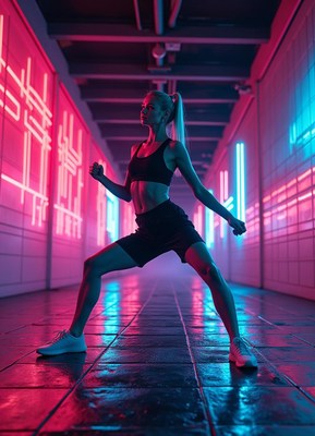 Dynamic dancer performing in neon lit corridor