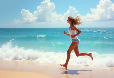 Young woman enjoys a run along the beach at sunset