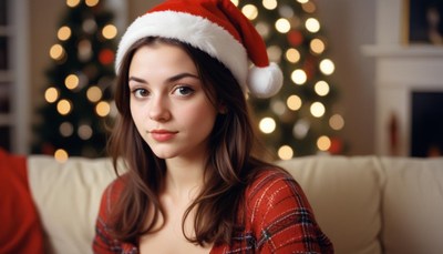 Young woman in holiday attire celebrating christmas at home