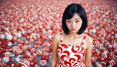 Young woman poses amidst a landscape of candy