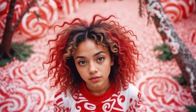 Young person with red hair in a candy-themed setting
