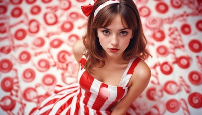 Young woman in striped dress sits on patterned backdrop