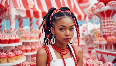 Young girl posing in candy-themed festival setting