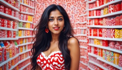 Young woman poses in a colorful candy store