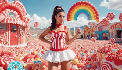 Candyland theme park with a performer in costume