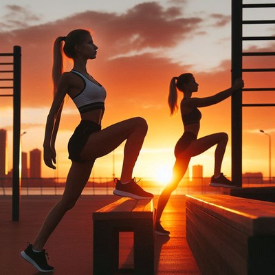 Fitness training at sunset near urban skyline