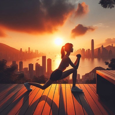 Woman exercising at sunset with city skyline in background