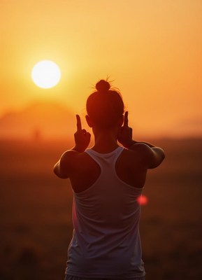 Person enjoying sunset while making a peace sign