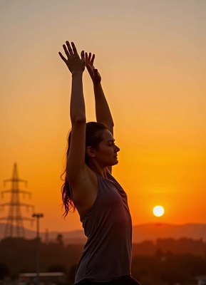 Woman practicing yoga at sunset in a serene landscape