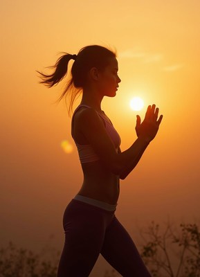 Woman practicing yoga at sunset in serene landscape