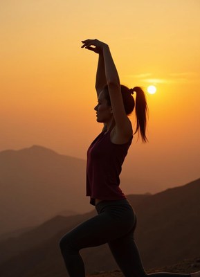 Woman performing yoga pose during sunset in mountains