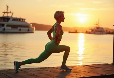 Strong woman doing lunges at sunset by the water