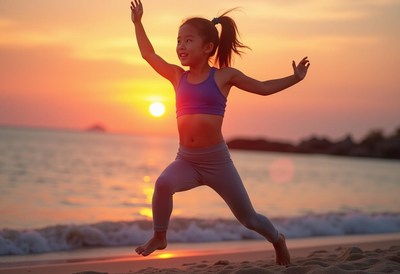 Child running joyfully on the beach at sunset