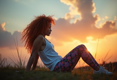 Woman enjoying sunset with vibrant hair and floral leggings