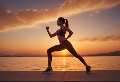 Silhouette of a woman exercising by the lakeside at sunset