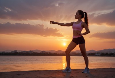 Woman stretching at sunset beach