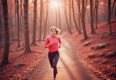 Woman running through a forest trail during sunset