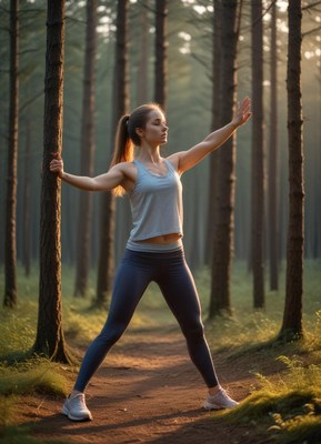 Woman practicing yoga in a serene forest setting