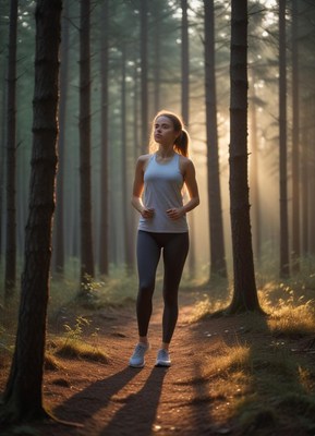 Woman jogging through a sunlit forest path