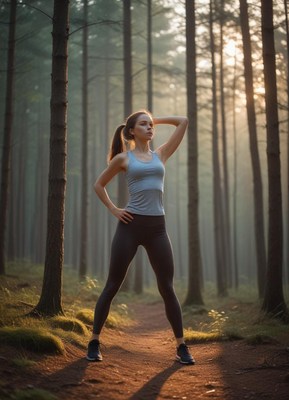 Woman stretching in misty forest