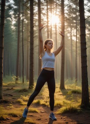 Woman stretching arms in sunny forest