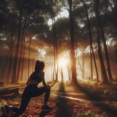 Woman stretching in forest during sunset workout session