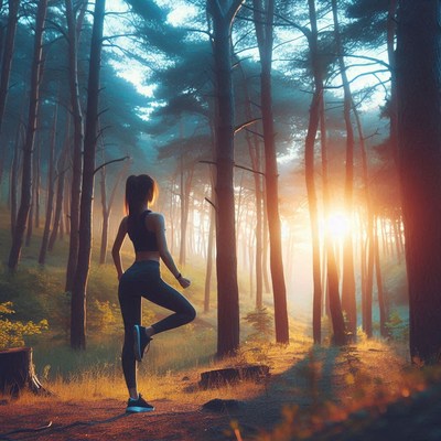 Woman practicing yoga in forest at sunrise