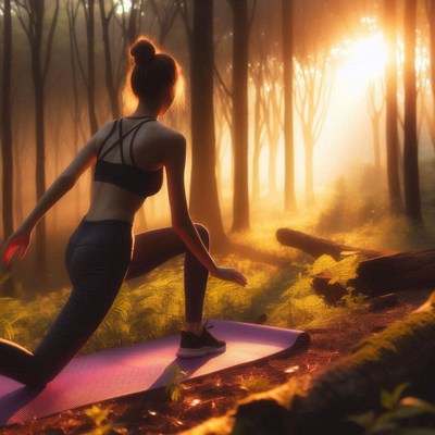 Woman practicing yoga outdoors during sunset in the forest