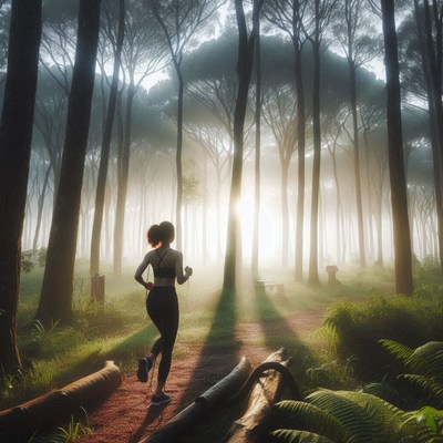 Woman jogging through forest at sunrise