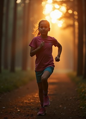 Young girl running in forest at sunset