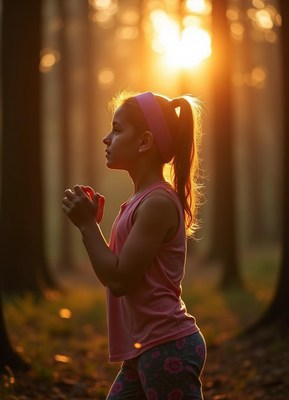 Girl jogging in forest at sunset