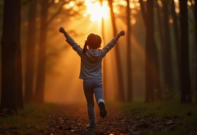 Child playing joyfully in forest at sunset