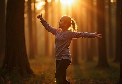 Child enjoying sunlight in forest during golden hour