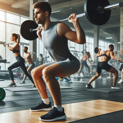 Focused athlete performs squat exercise in modern gym