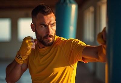 Boxer training intensely at a gym during golden hour