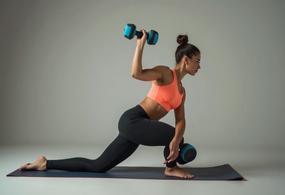 Strong woman performs weightlifting during workout session