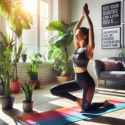 Practicing yoga in a sunlit indoor plant space