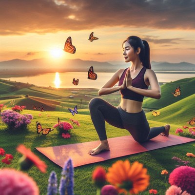 Yoga practice at sunset in a vibrant landscape
