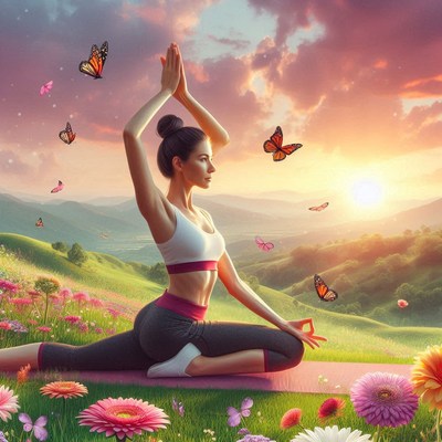 Woman practicing yoga in a serene landscape at sunset