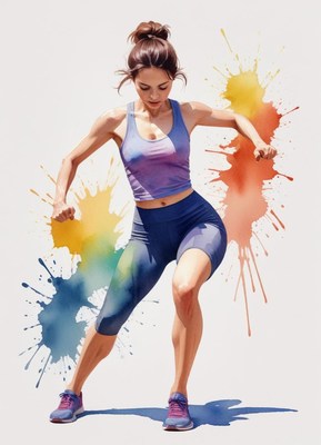 Energetic woman dancing with colorful paint splashes