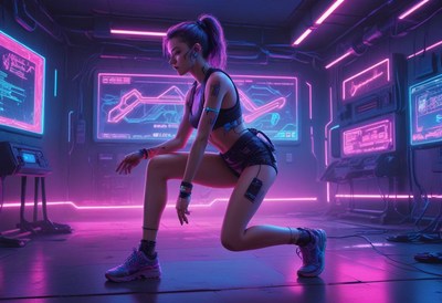 Futuristic athlete training in neon-lit environment